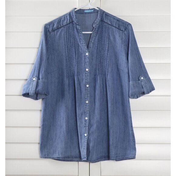 J. MCLAUGHLIN $148 Chambray Pleated Linen Blend Tab Sleeve Shirt Top Size XS - Picture 5 of 6